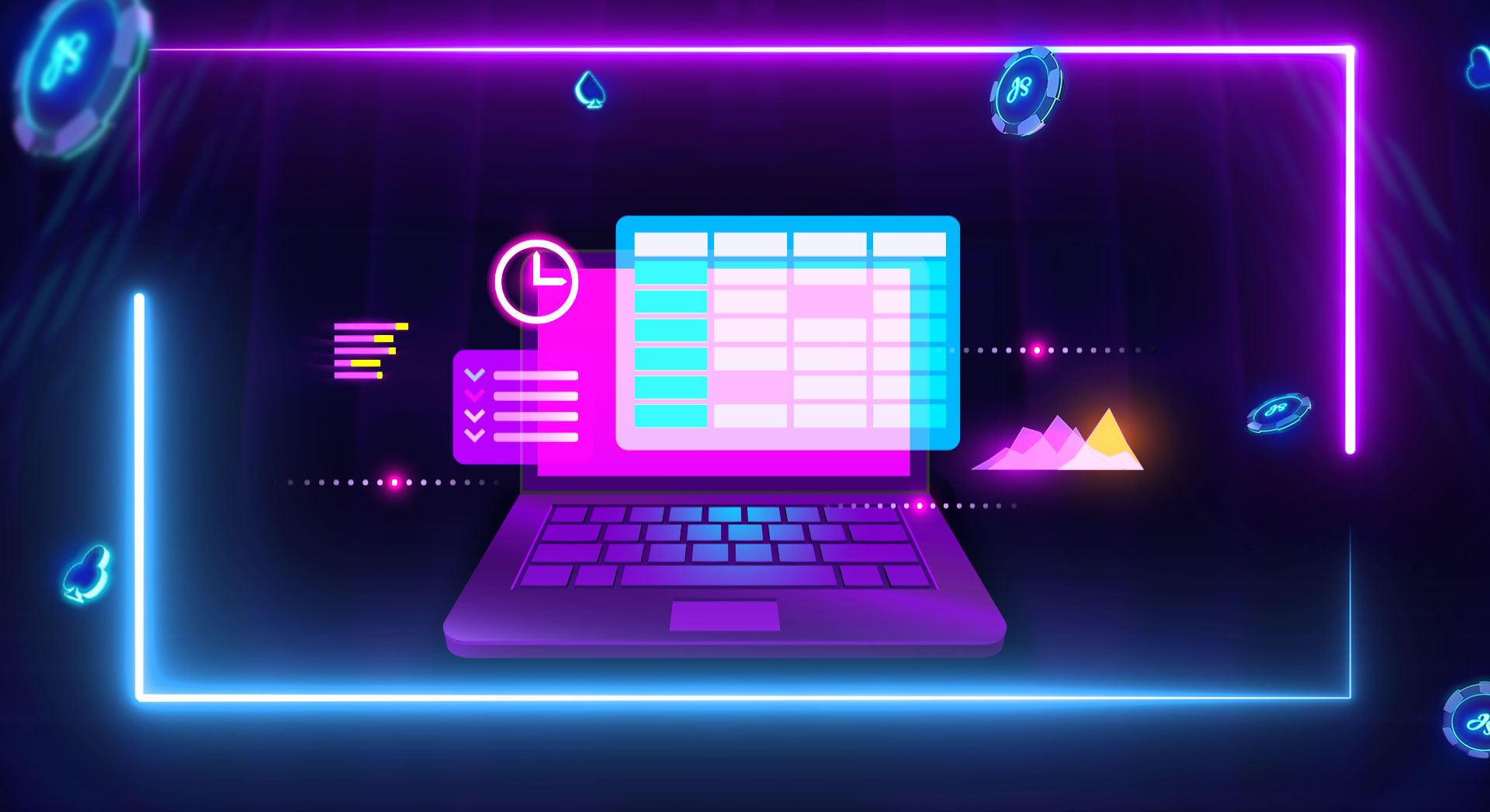 neon optic hologram calendar in front of a laptopscreen and some graphs next to it 