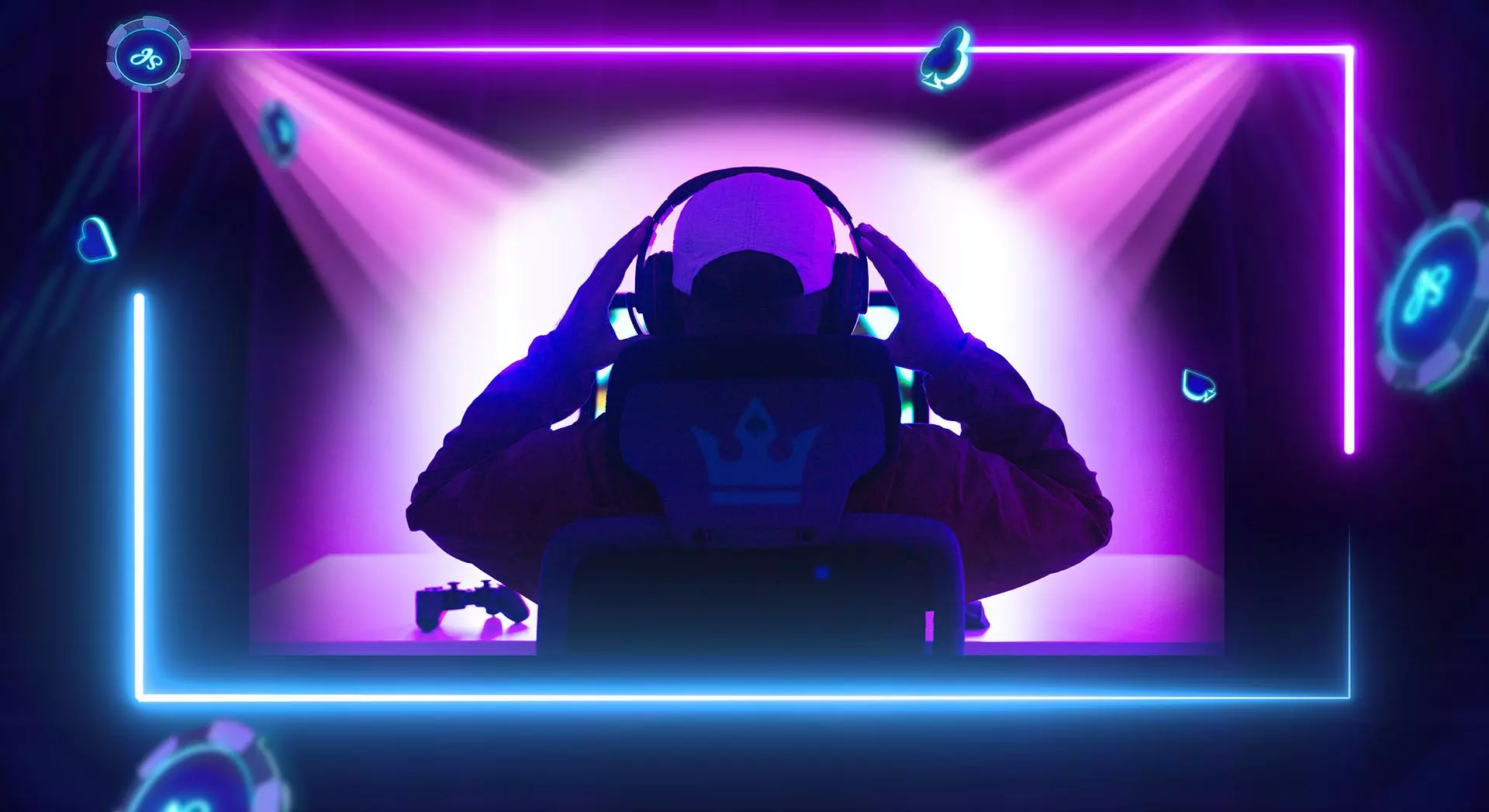 Back view of a gamer wearing a headset, seated in a neon-lit gaming setup with poker chips and card suits floating around, framed by bright neon lines.